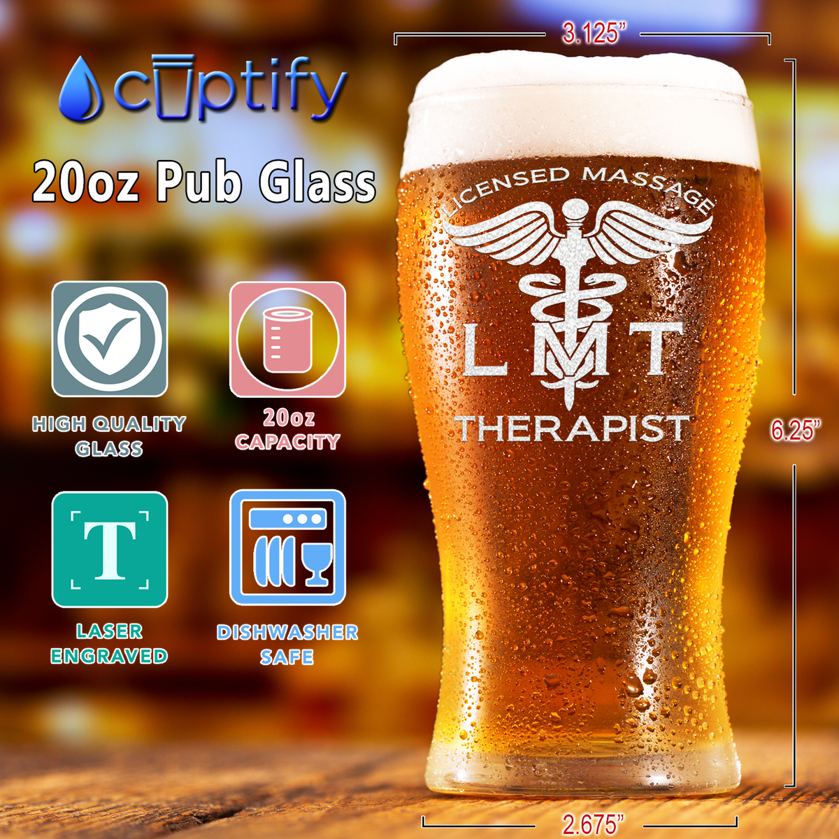 LMT Licensed Massage Therapist Etched 20 oz Beer Pub Glass