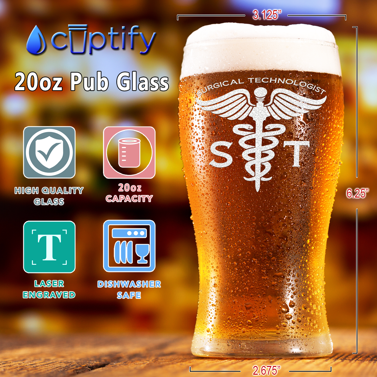 ST Surgical Technologist Etched 20 oz Beer Pub Glass