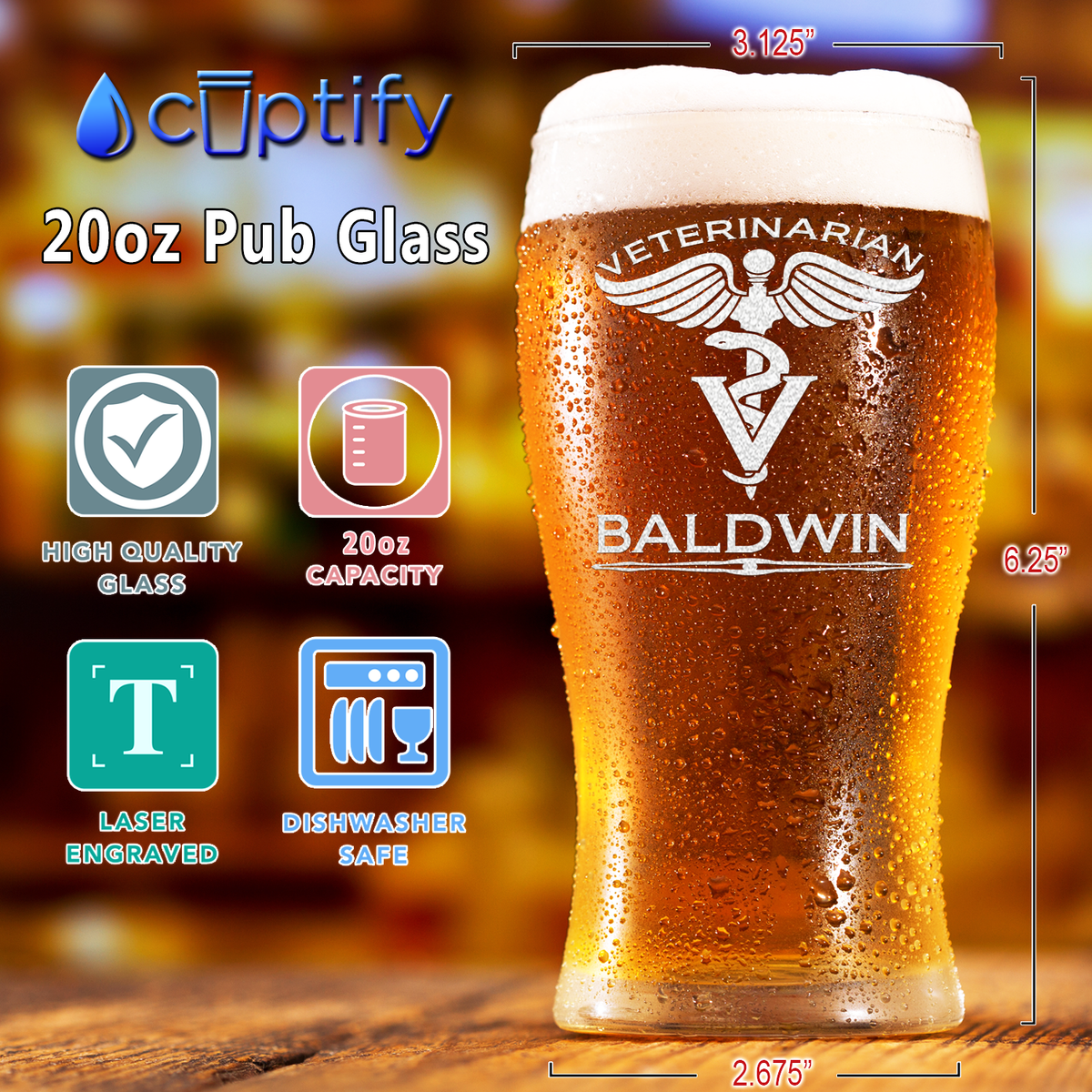 Personalized Veterinarian Etched 20 oz Beer Pub Glass