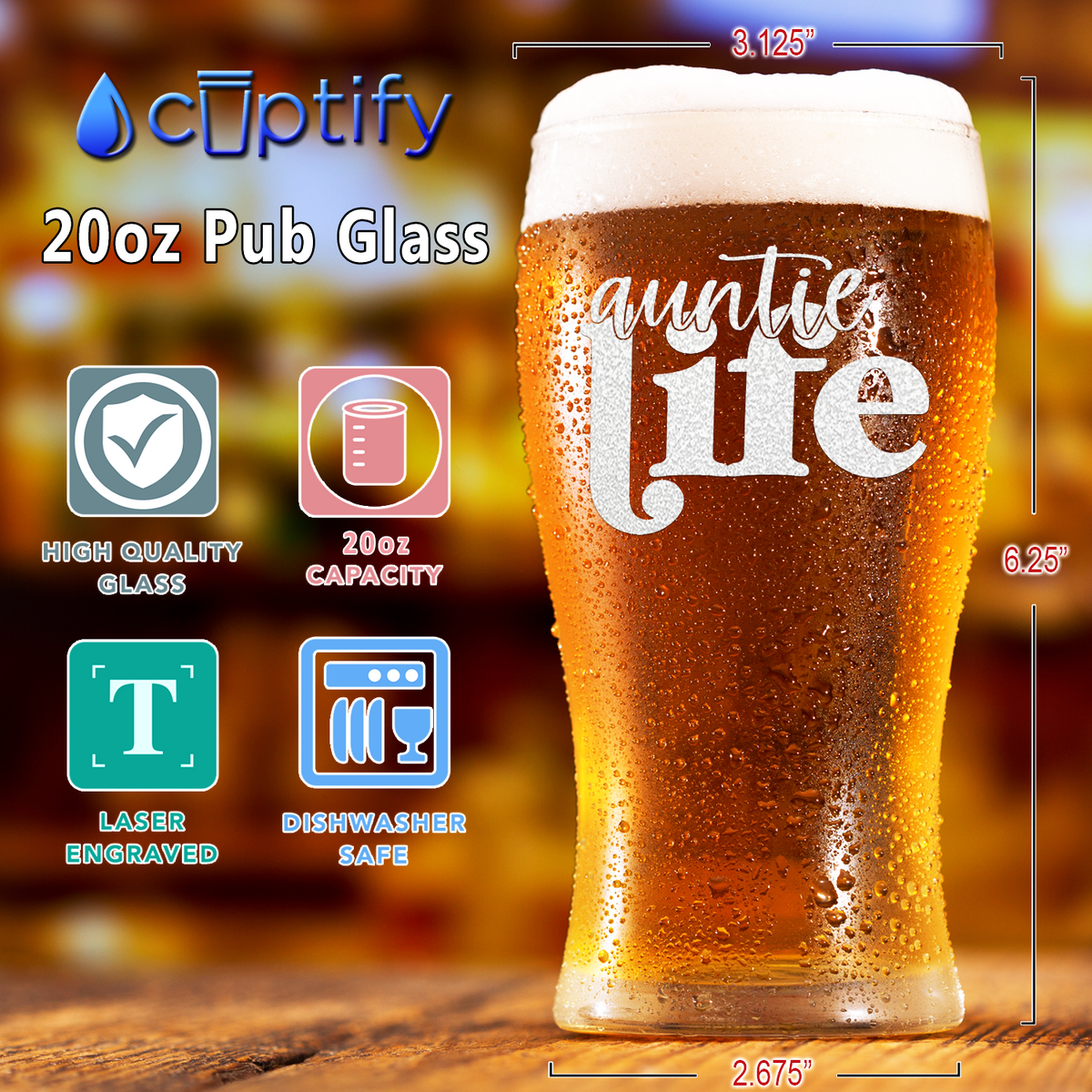 Auntie Life Etched on 20 oz Pub Glass