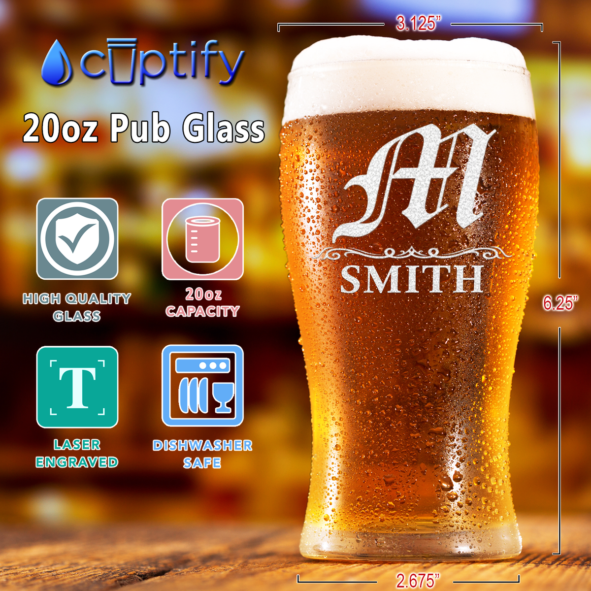 Personalized Gothic Initial 20oz Beer Pub Glass