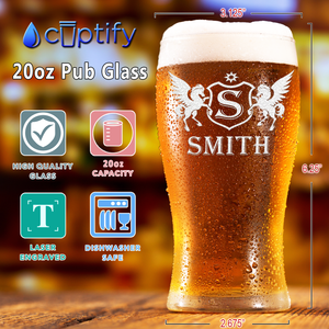 Personalized Monogram Pegasus Crest 20oz Beer Pub Glass
