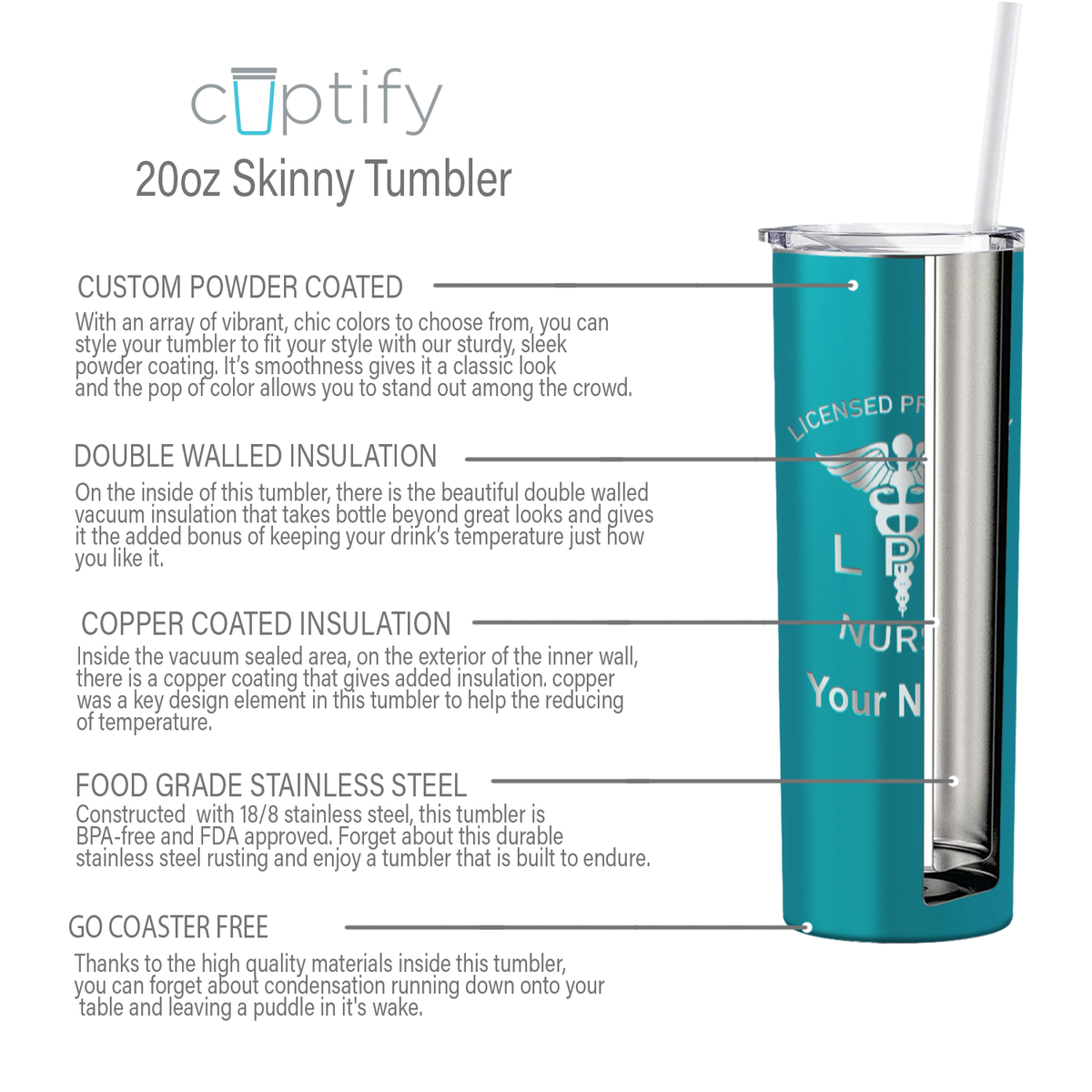 Personalized Nurse Laser Engraved 20oz Skinny Tumbler - Aqua Blue Gloss