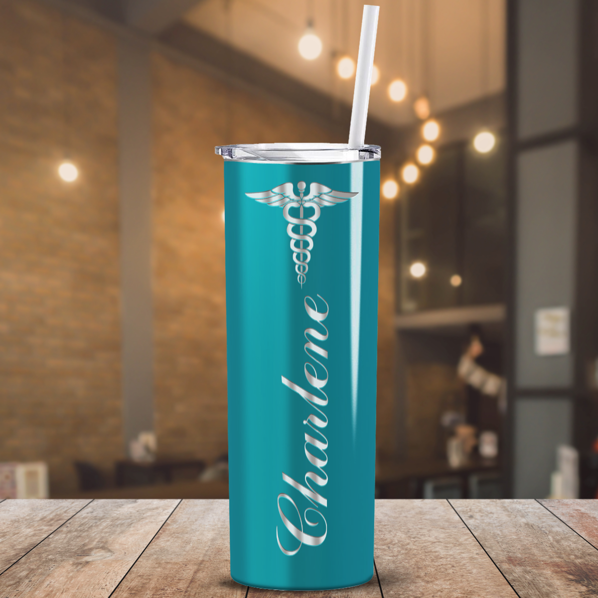 Personalized Nurse Laser Engraved 20oz Skinny Tumbler - Aqua Blue Gloss