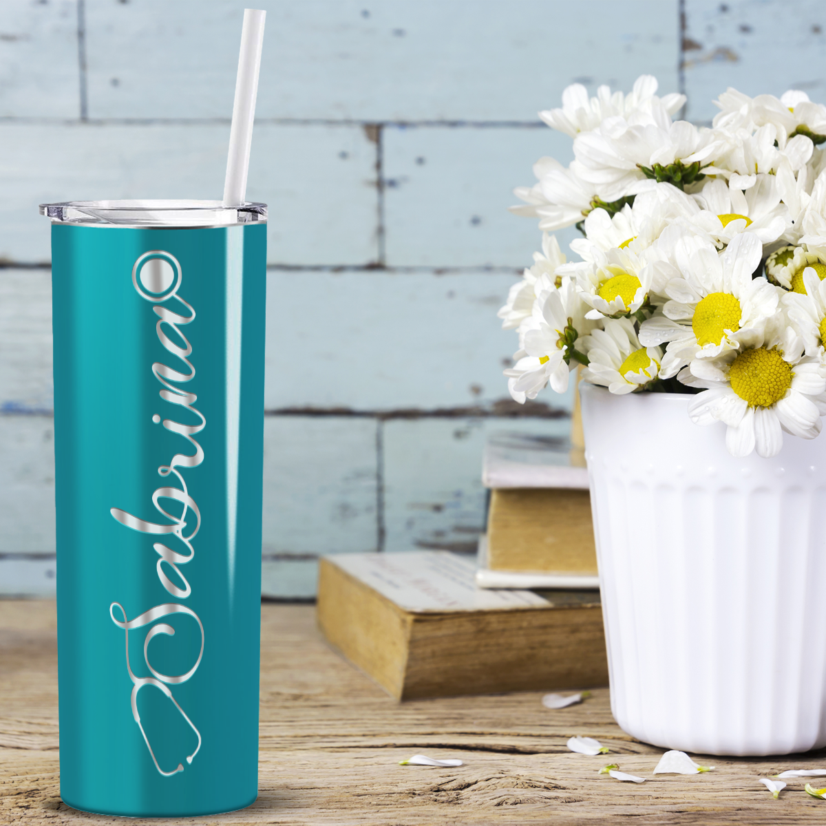 Personalized Nurse Laser Engraved 20oz Skinny Tumbler - Aqua Blue Gloss
