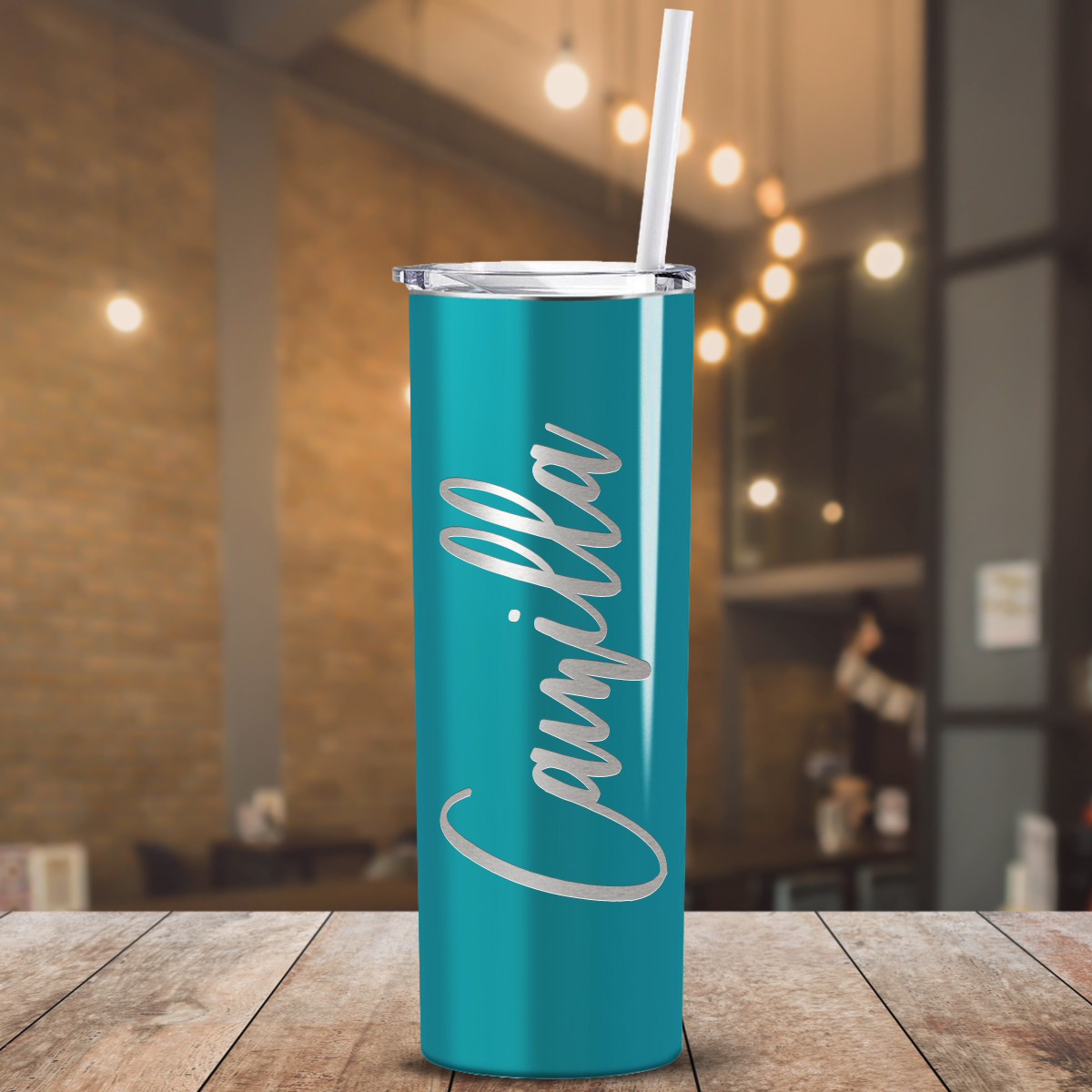 Personalized Engraved 20 oz Skinny 20oz Tumbler - Aqua Blue Gloss