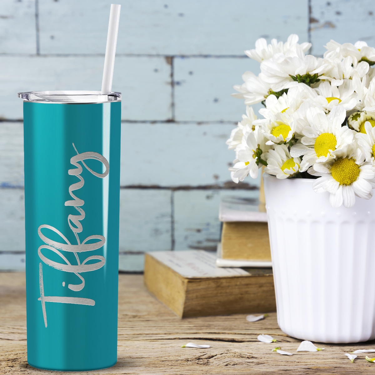 Personalized Engraved 20 oz Skinny 20oz Tumbler - Aqua Blue Gloss