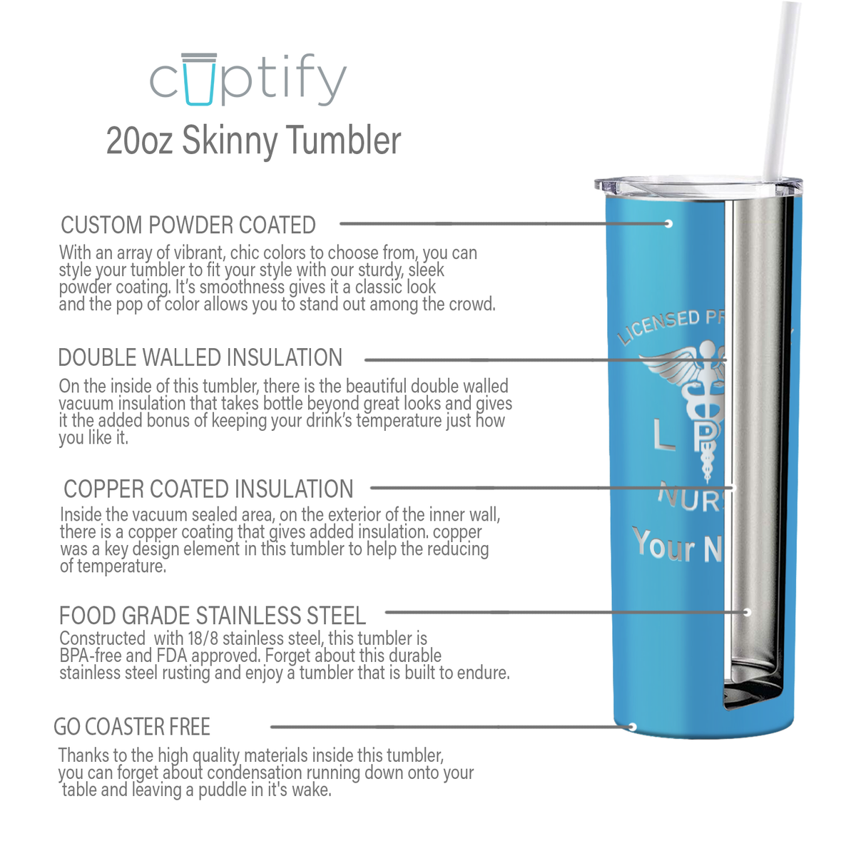 Personalized Nurse Laser Engraved 20oz Skinny Tumbler - Baby Blue Gloss