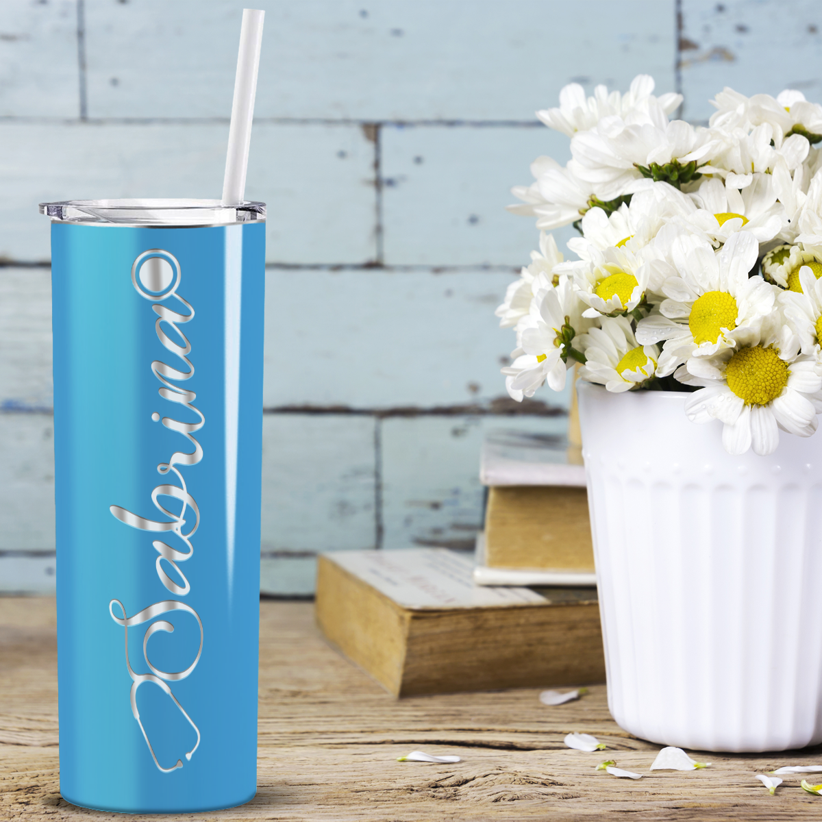 Personalized Nurse Laser Engraved 20oz Skinny Tumbler - Baby Blue Gloss