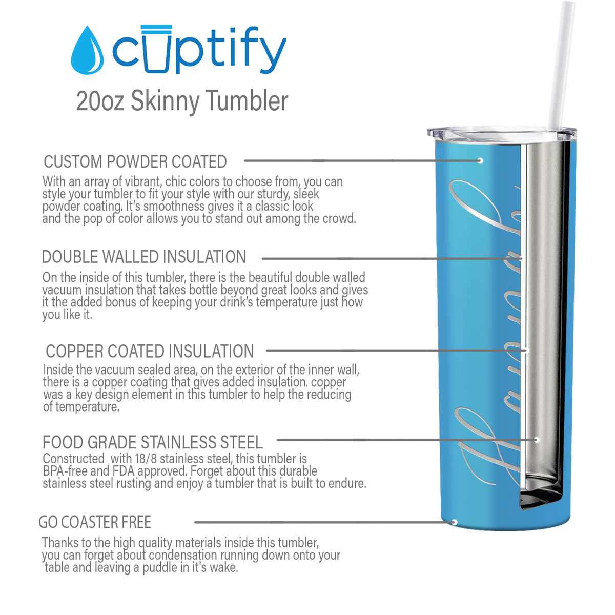 Personalized Engraved 20 oz Skinny 20oz Tumbler - Baby Blue Gloss