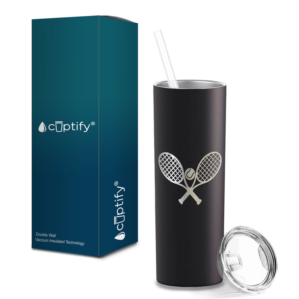 Tennis Rackets and Ball Laser Engraved on Stainless Steel Tennis Tumbler