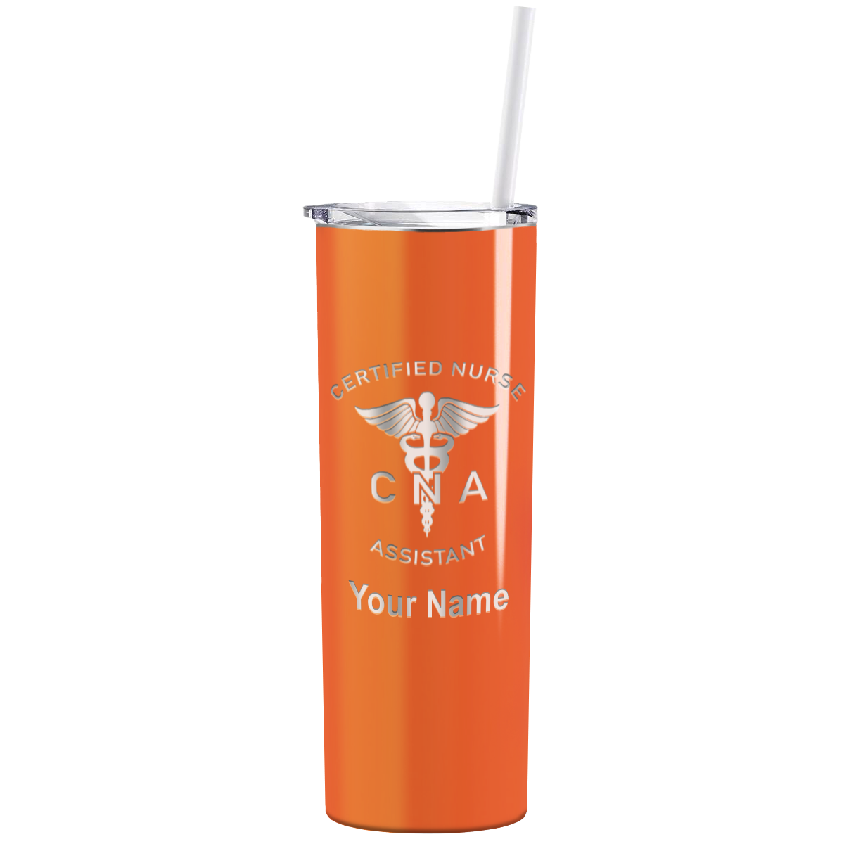 Personalized Nurse Laser Engraved 20oz Skinny Tumbler - Bright Orange Gloss