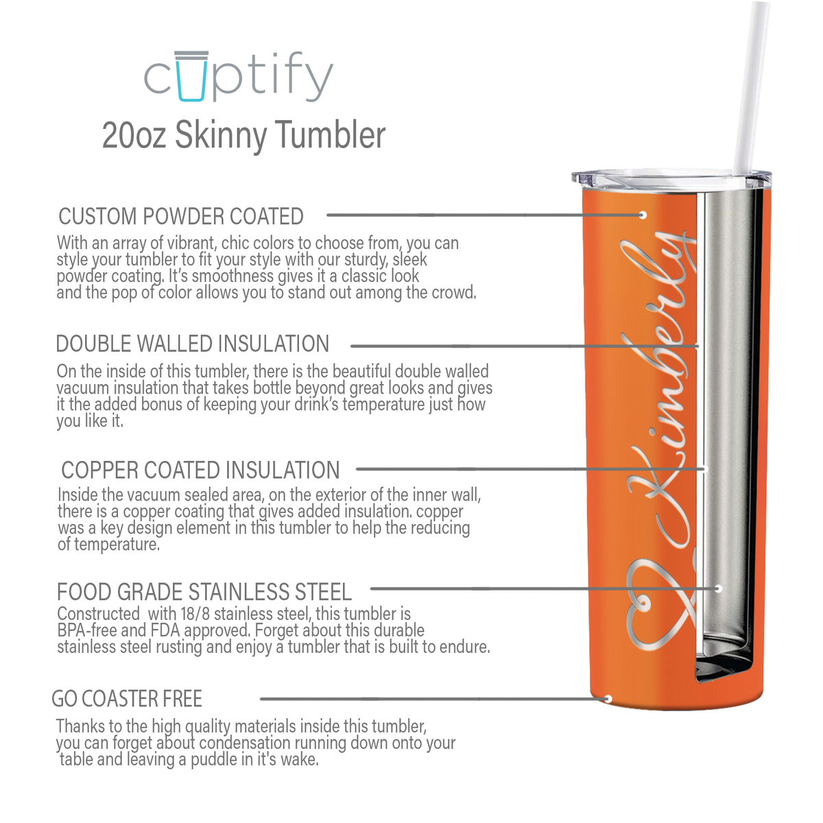 Personalized Nurse Laser Engraved 20oz Skinny Tumbler - Bright Orange Gloss