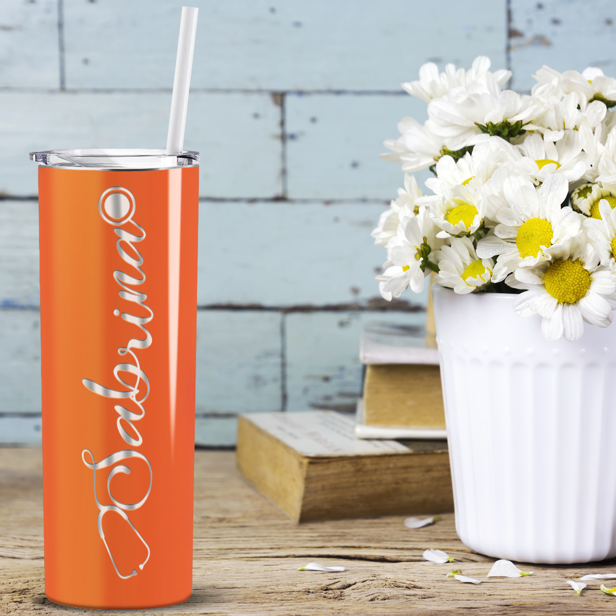 Personalized Nurse Laser Engraved 20oz Skinny Tumbler - Bright Orange Gloss