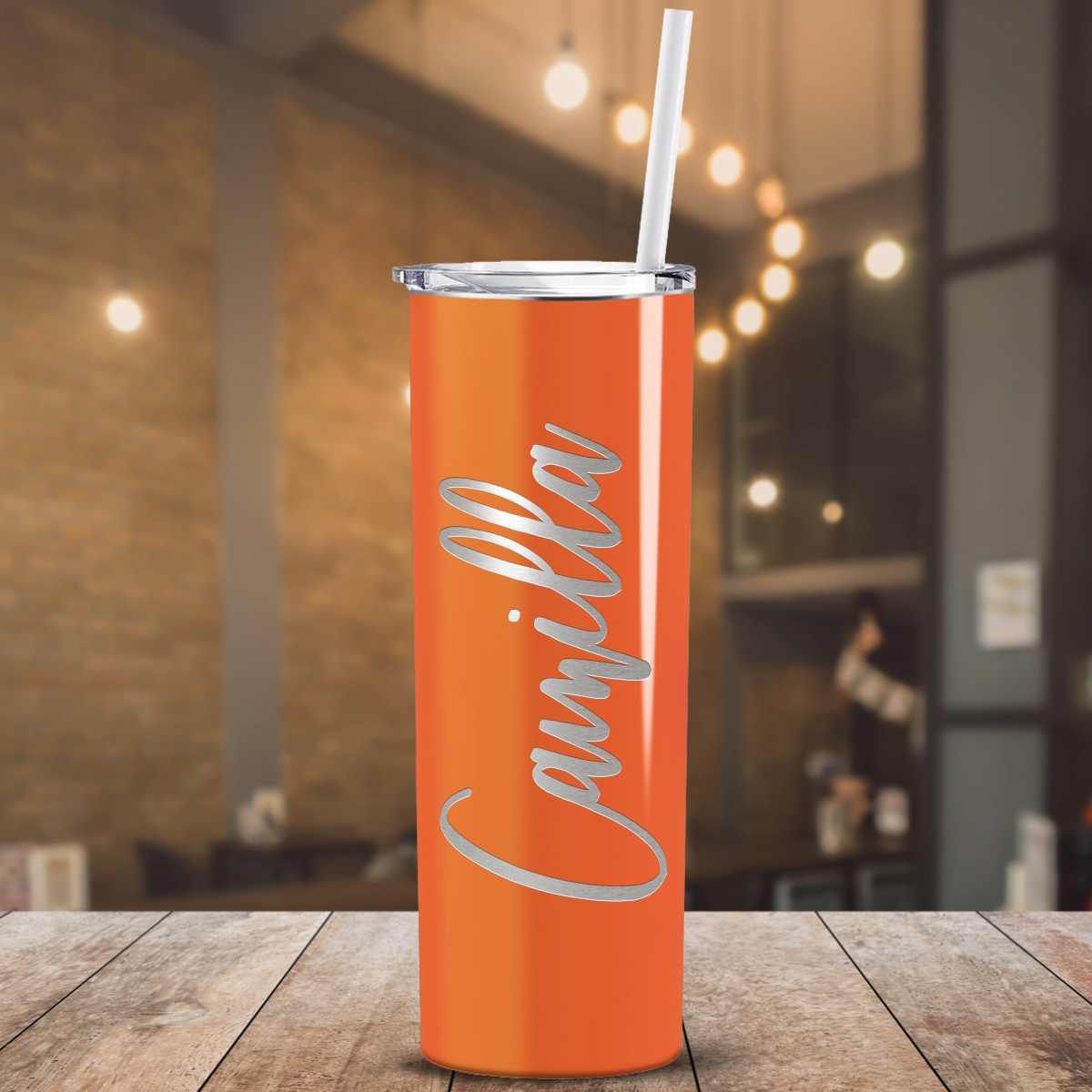 Personalized Engraved 20 oz Skinny 20oz Tumbler - Bright Orange Gloss