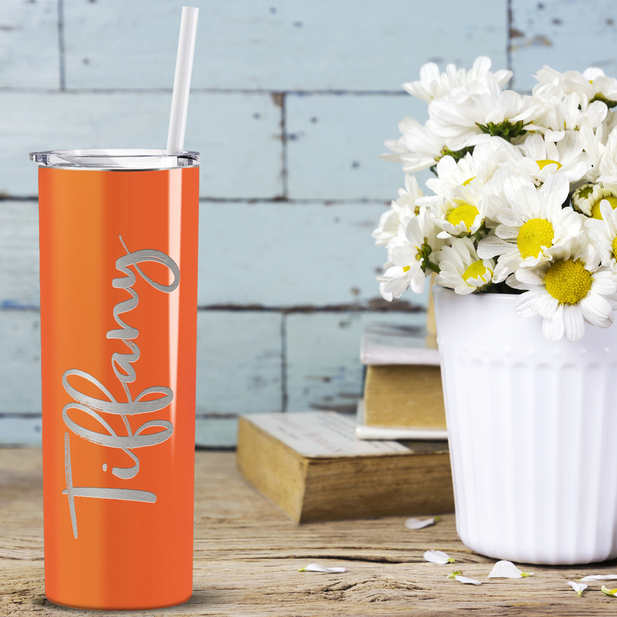 Personalized Engraved 20 oz Skinny 20oz Tumbler - Bright Orange Gloss