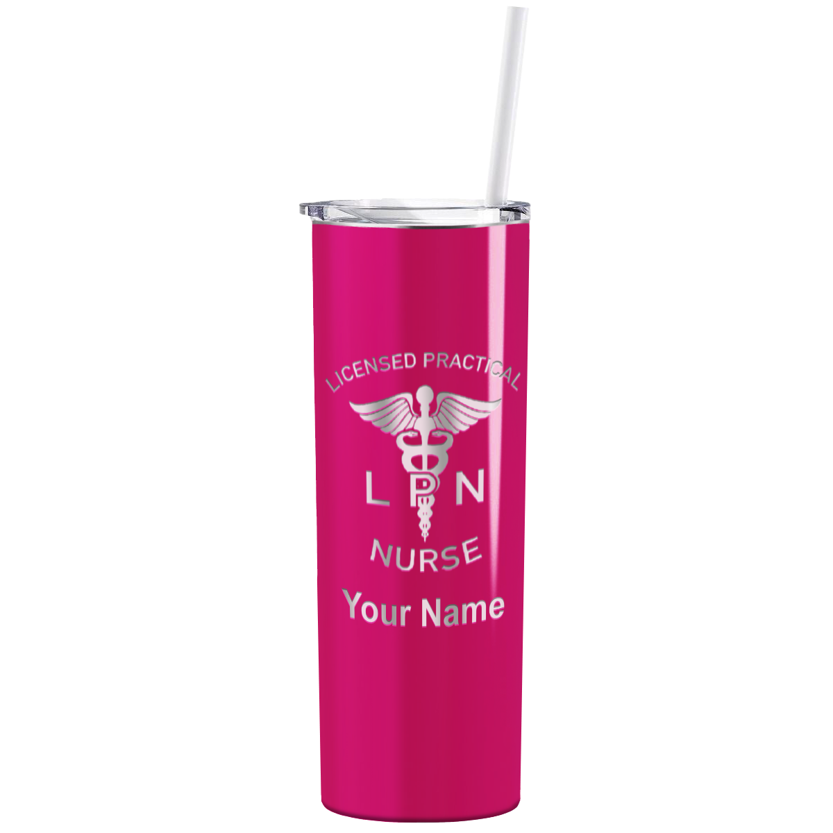 Personalized Nurse Laser Engraved 20oz Skinny Tumbler - Bright Pink Gloss