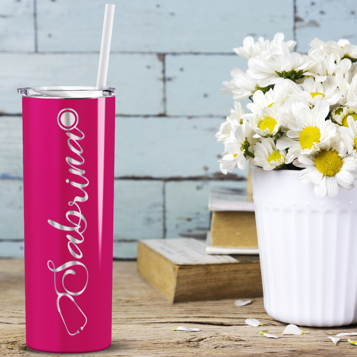 Personalized Nurse Laser Engraved 20oz Skinny Tumbler - Bright Pink Gloss