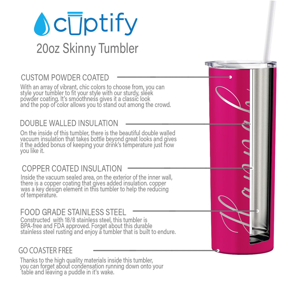 Personalized Engraved 20 oz Skinny 20oz Tumbler - Bright Pink Gloss