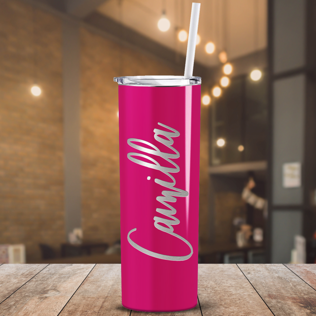 Personalized Engraved 20 oz Skinny 20oz Tumbler - Bright Pink Gloss