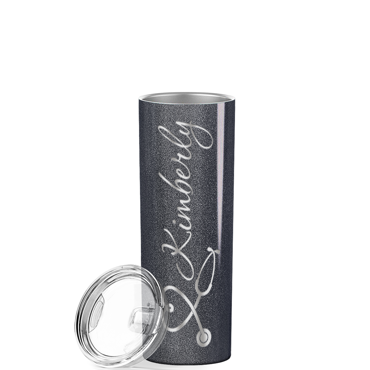 Personalized Nurse Laser Engraved 20oz Skinny Tumbler - Black Silver Glitter