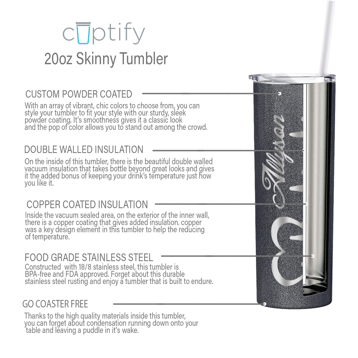 Personalized Nurse Laser Engraved 20oz Skinny Tumbler - Black Silver Glitter