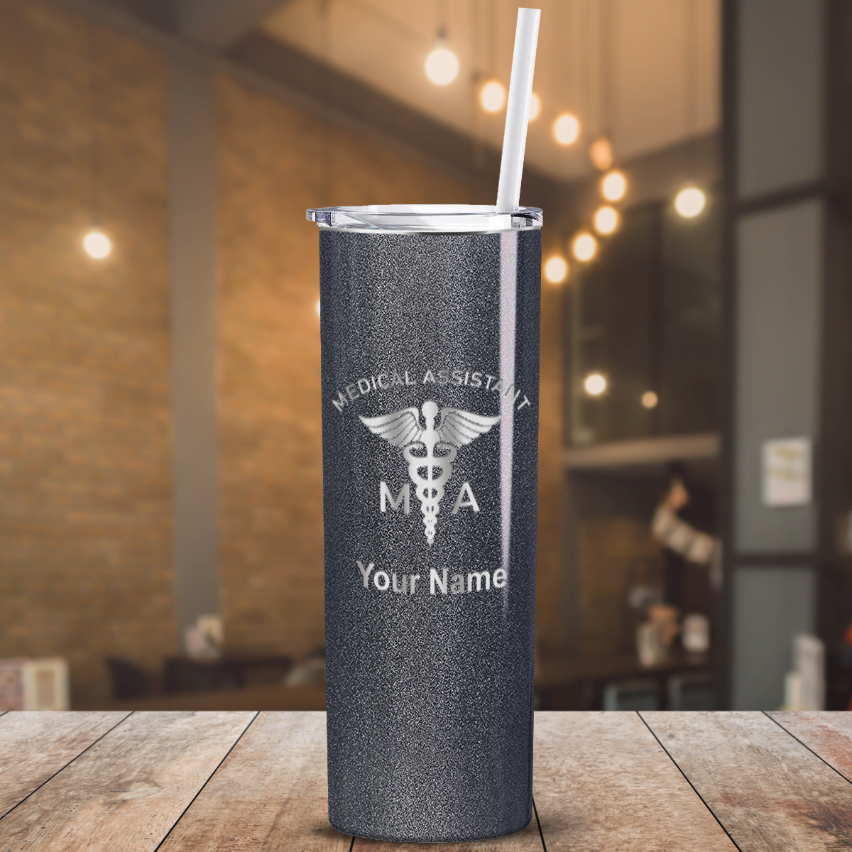 Personalized Nurse Laser Engraved 20oz Skinny Tumbler - Black Silver Glitter
