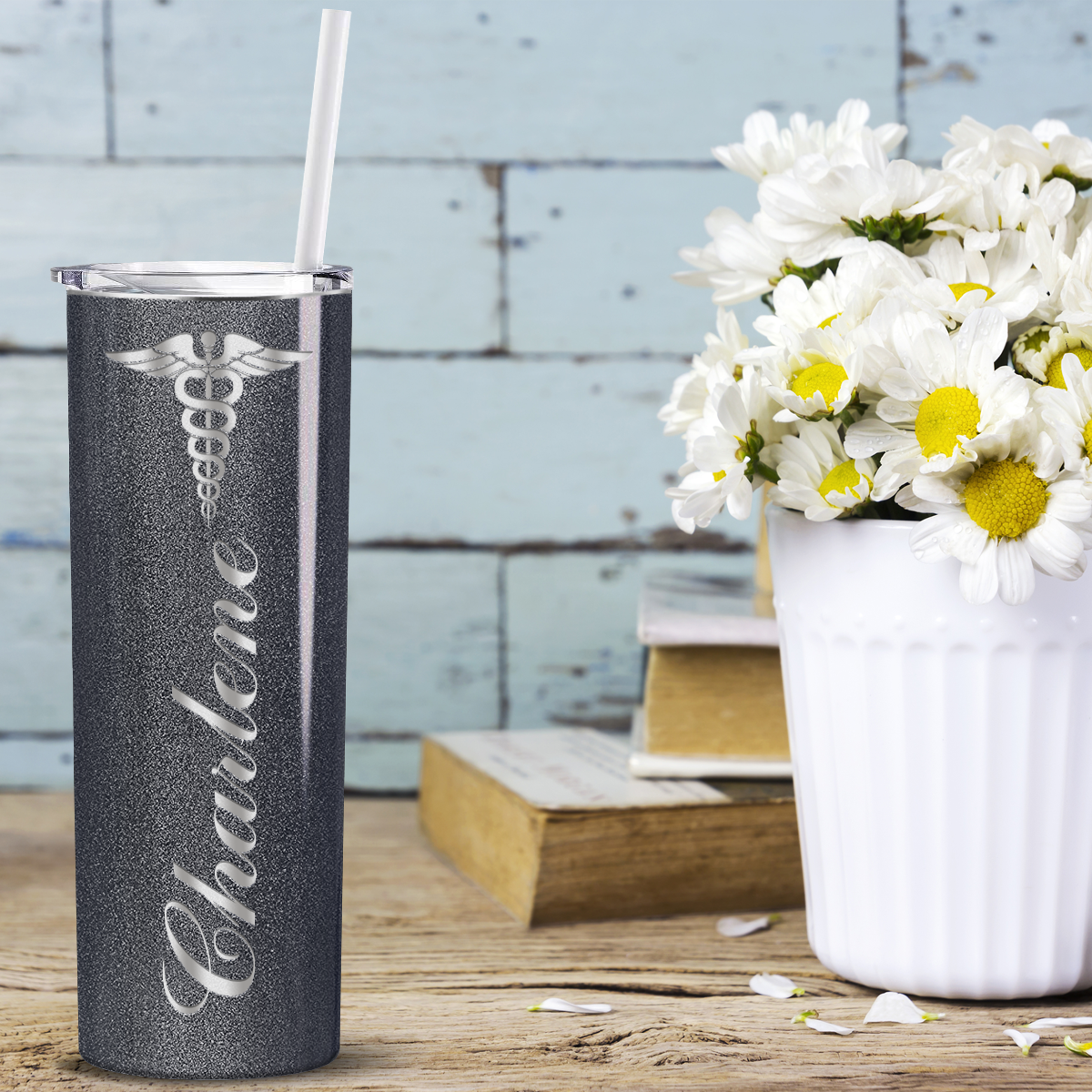 Personalized Nurse Laser Engraved 20oz Skinny Tumbler - Black Silver Glitter