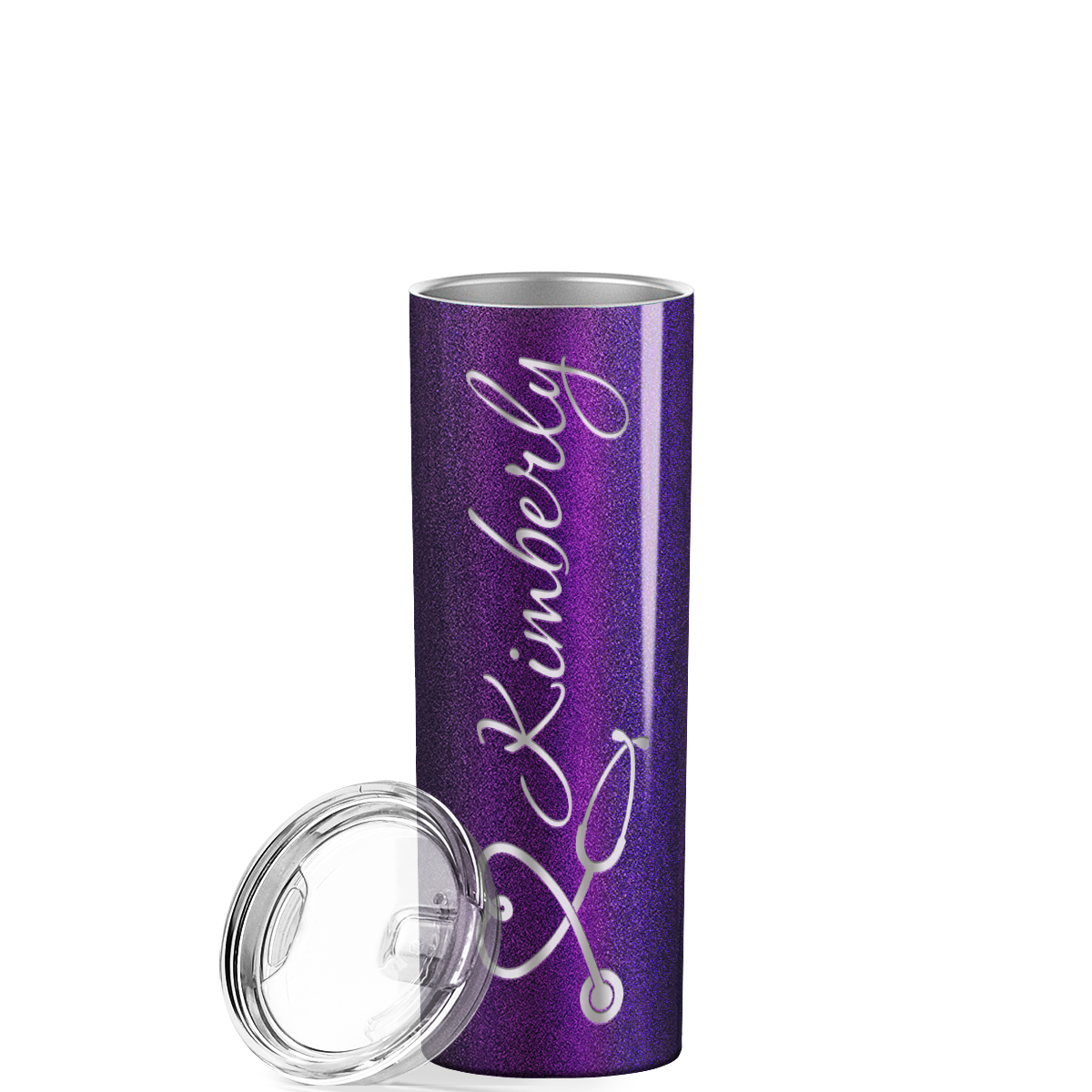 Personalized Nurse Laser Engraved 20oz Skinny Tumbler - Black Violet Chameleon Glitter