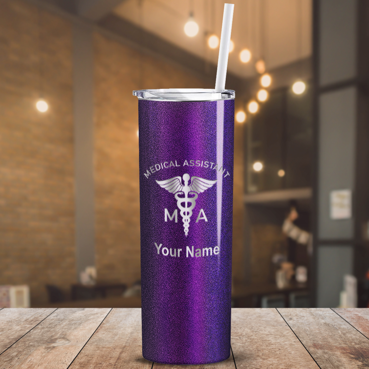 Personalized Nurse Laser Engraved 20oz Skinny Tumbler - Black Violet Chameleon Glitter