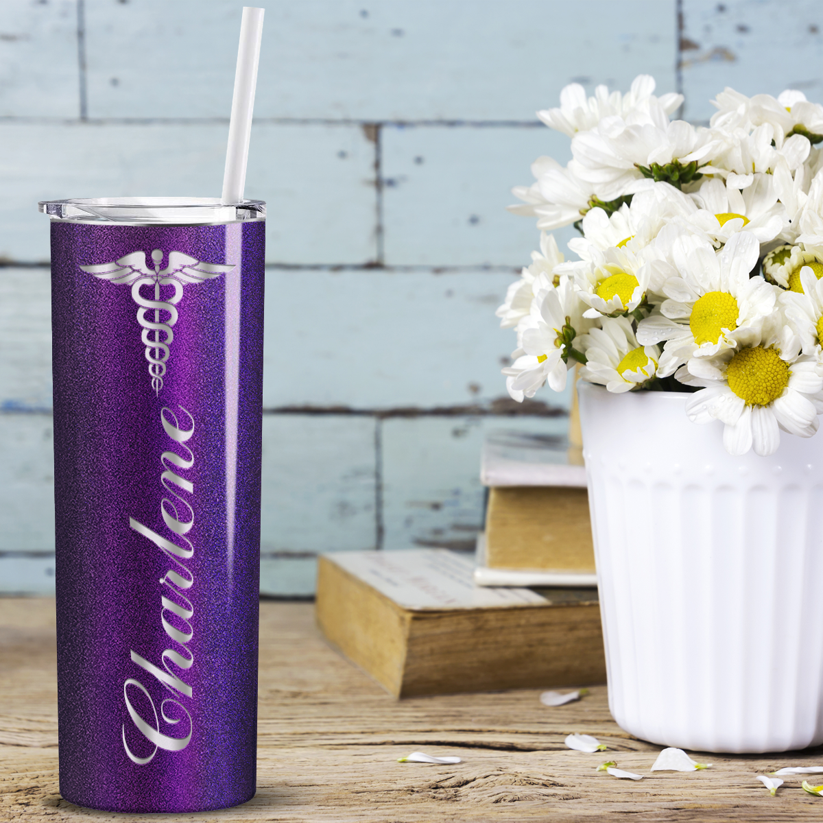 Personalized Nurse Laser Engraved 20oz Skinny Tumbler - Black Violet Chameleon Glitter