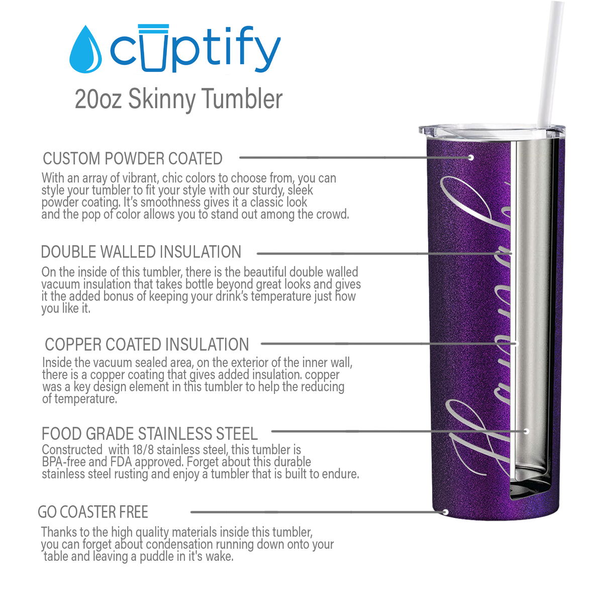 Personalized Engraved 20 oz Skinny 20oz Tumbler - Black Violet Chameleon Glitter
