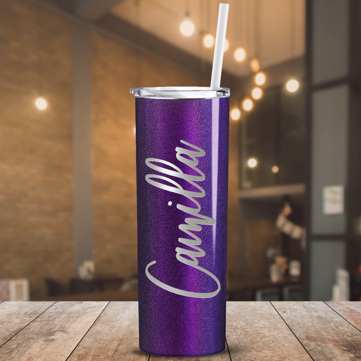 Personalized Engraved 20 oz Skinny 20oz Tumbler - Black Violet Chameleon Glitter
