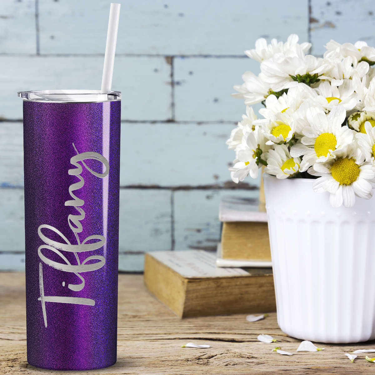 Personalized Engraved 20 oz Skinny 20oz Tumbler - Black Violet Chameleon Glitter