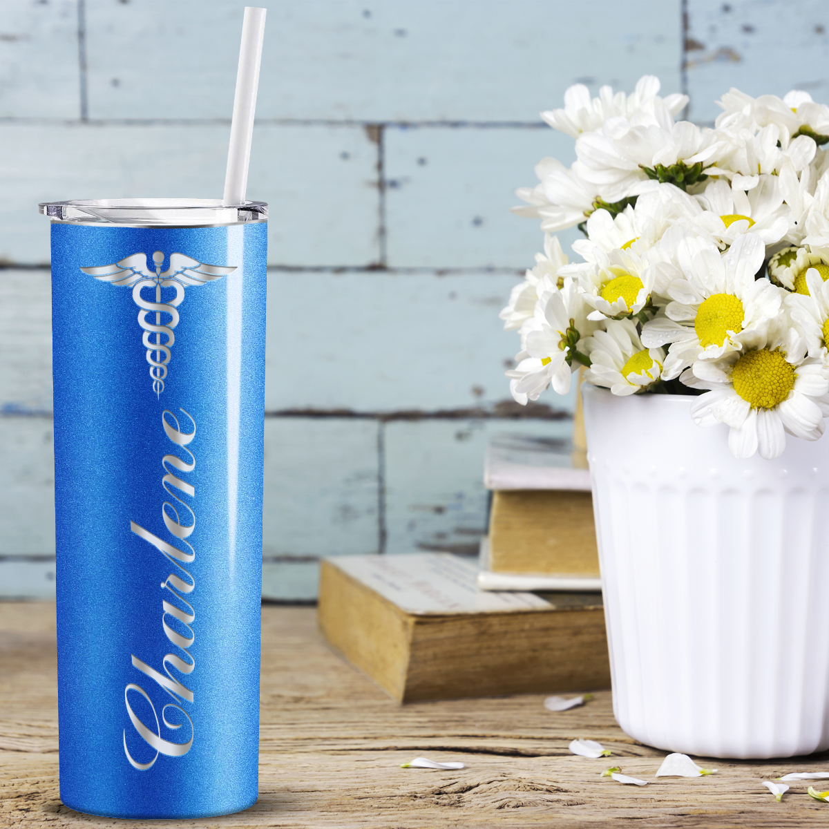 Personalized Nurse Laser Engraved 20oz Skinny Tumbler - Blue Glitter