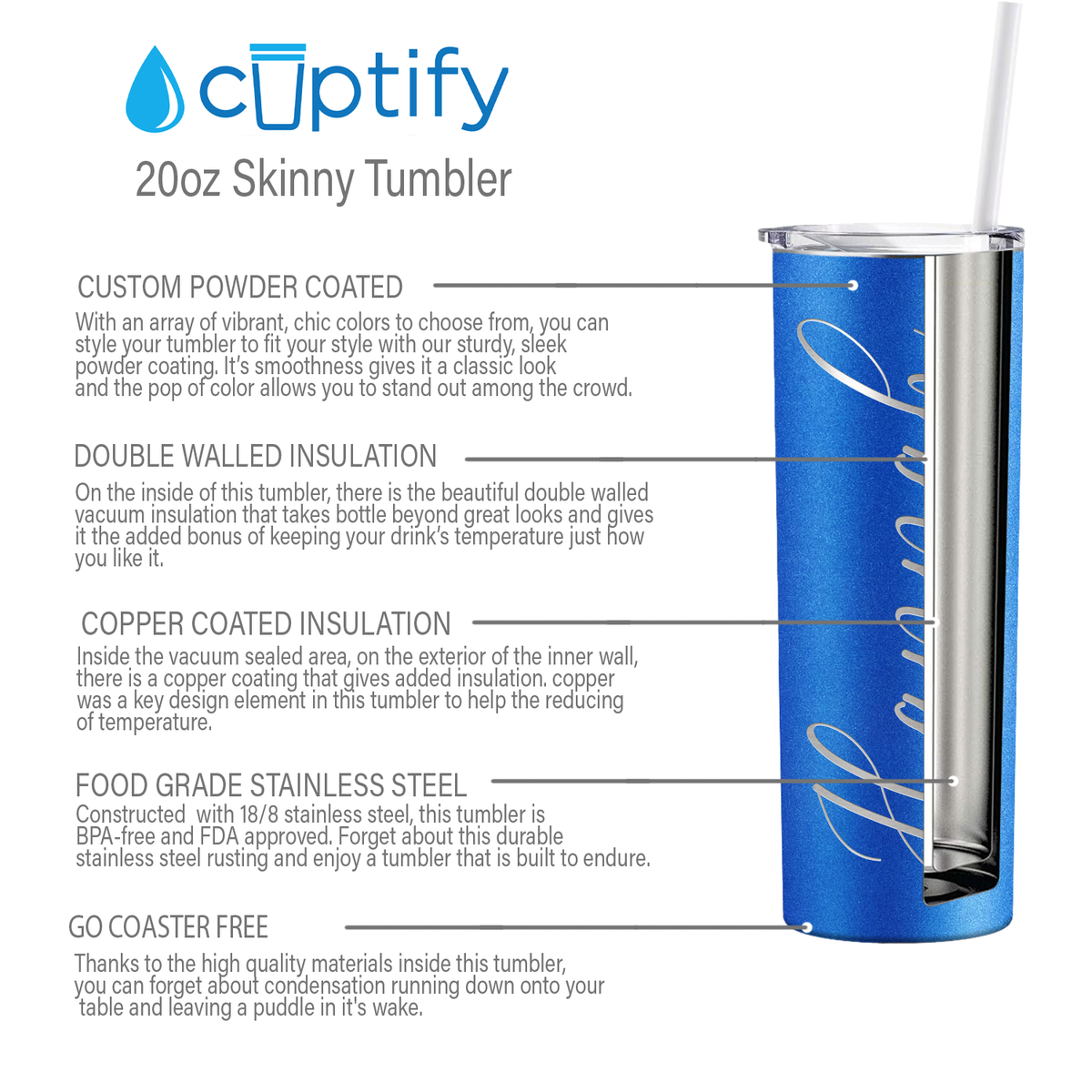 Personalized Engraved 20 oz Skinny 20oz Tumbler - Blue Glitter