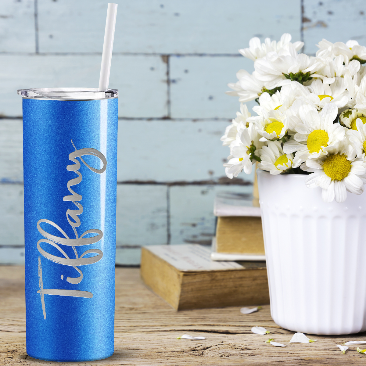 Personalized Engraved 20 oz Skinny 20oz Tumbler - Blue Glitter