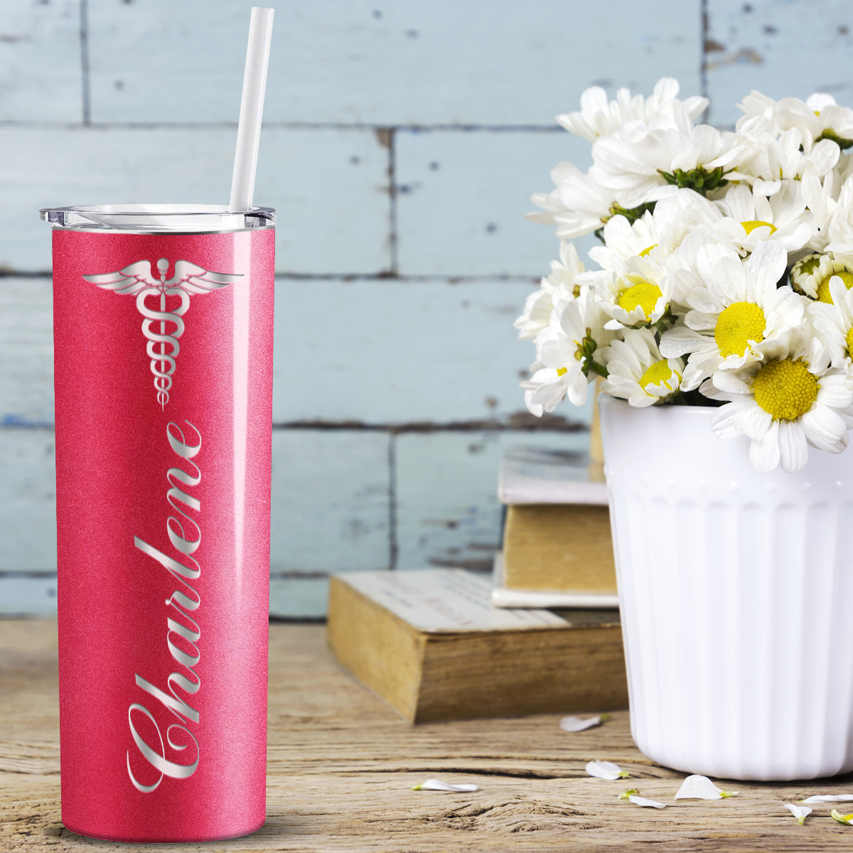 Personalized Nurse Laser Engraved 20oz Skinny Tumbler - Cherry Red Glitter
