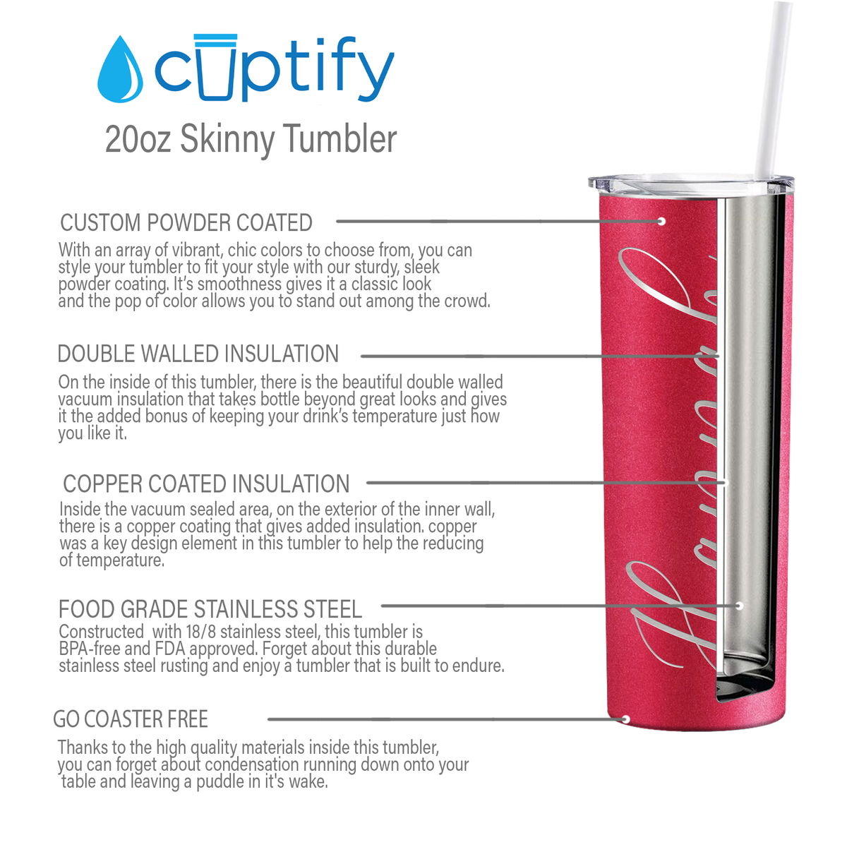 Personalized Engraved 20 oz Skinny 20oz Tumbler - Cherry Red Glitter