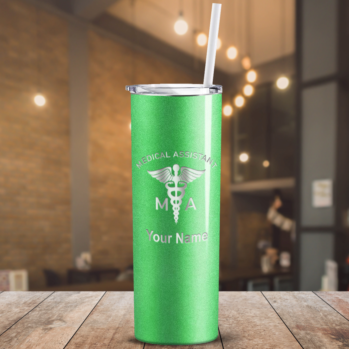 Personalized Nurse Laser Engraved 20oz Skinny Tumbler - Emerald Green Glitter