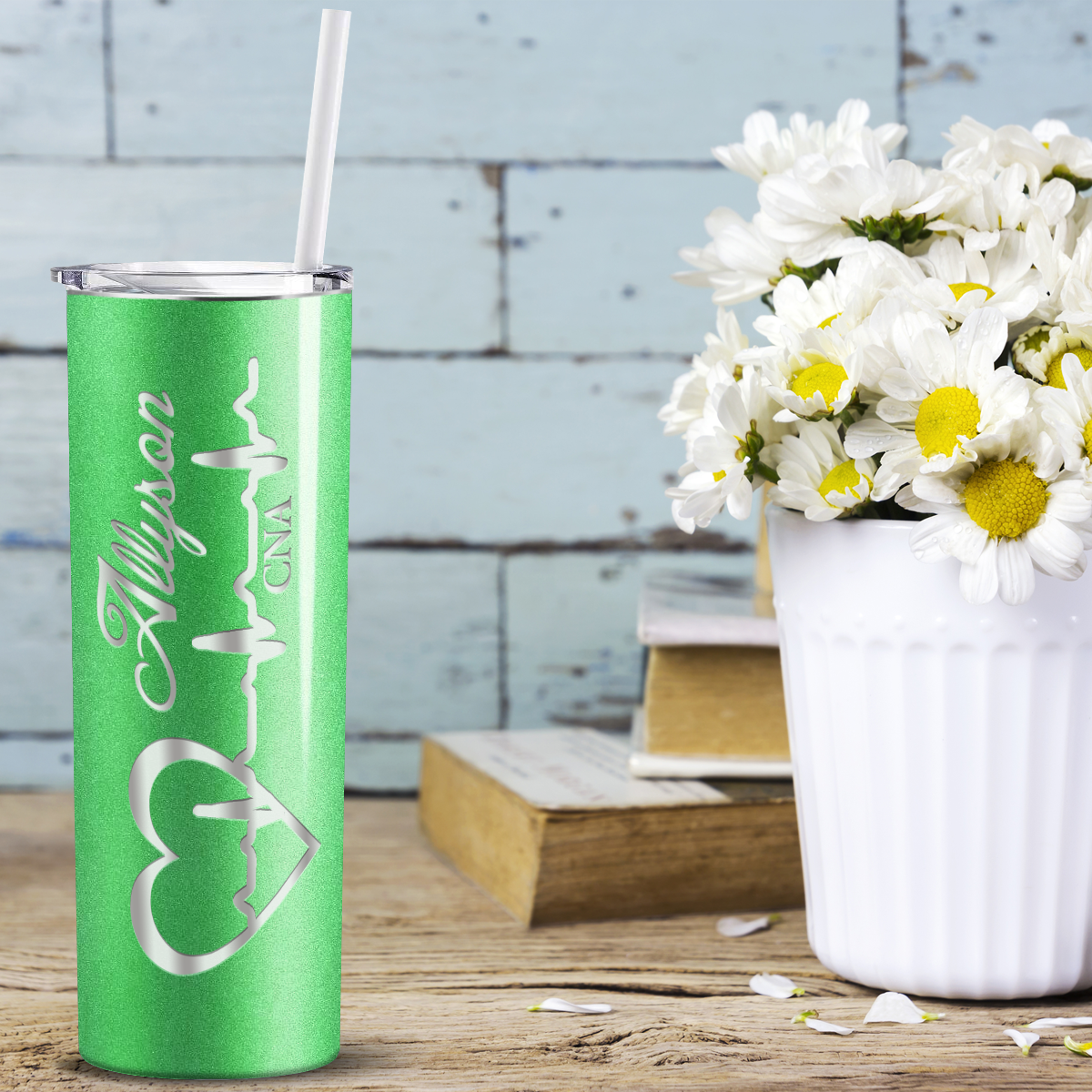 Personalized Nurse Laser Engraved 20oz Skinny Tumbler - Emerald Green Glitter