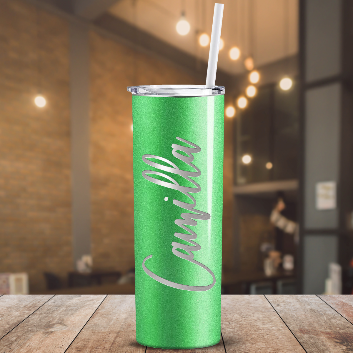 Personalized Engraved 20 oz Skinny 20oz Tumbler - Emerald Green Glitter