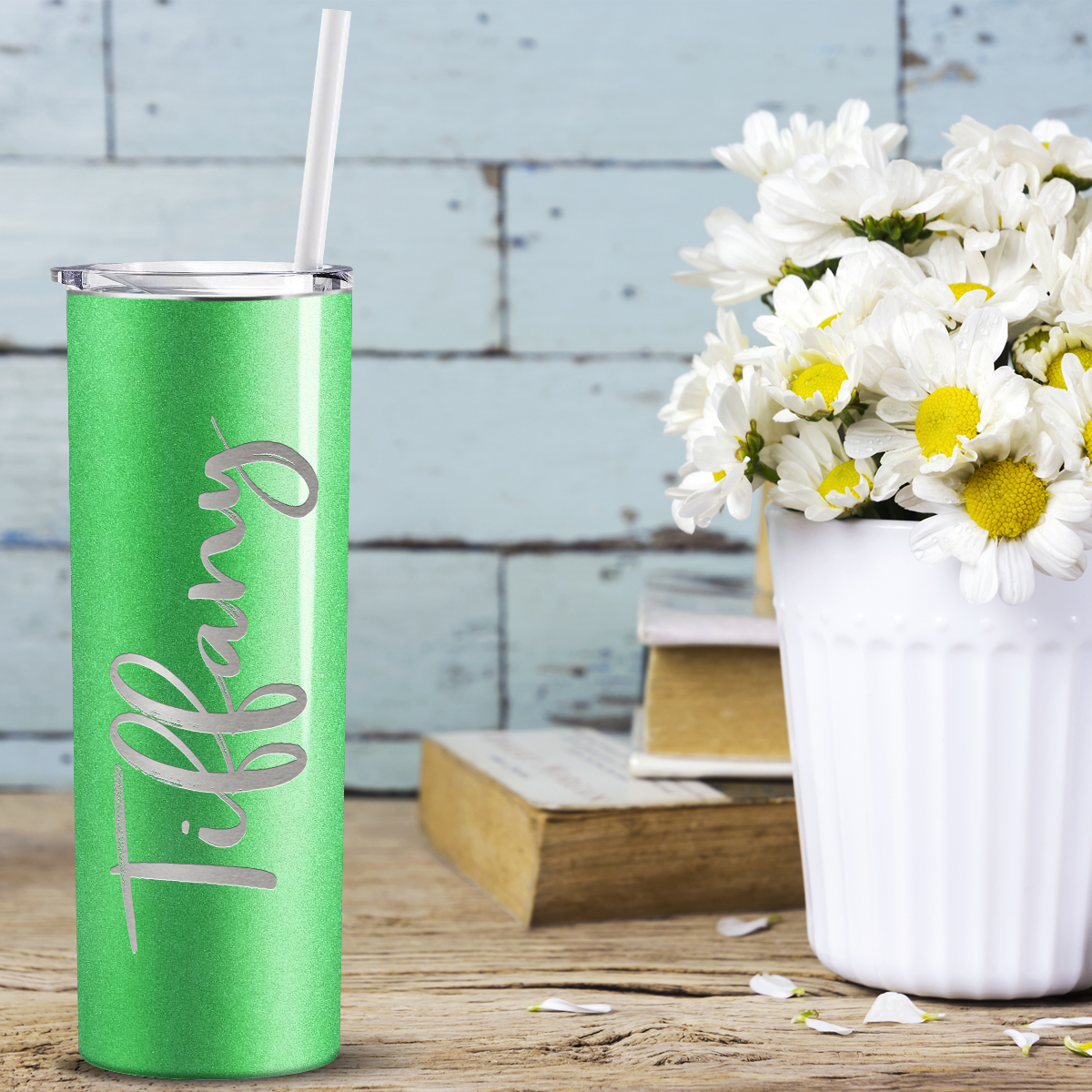 Personalized Engraved 20 oz Skinny 20oz Tumbler - Emerald Green Glitter