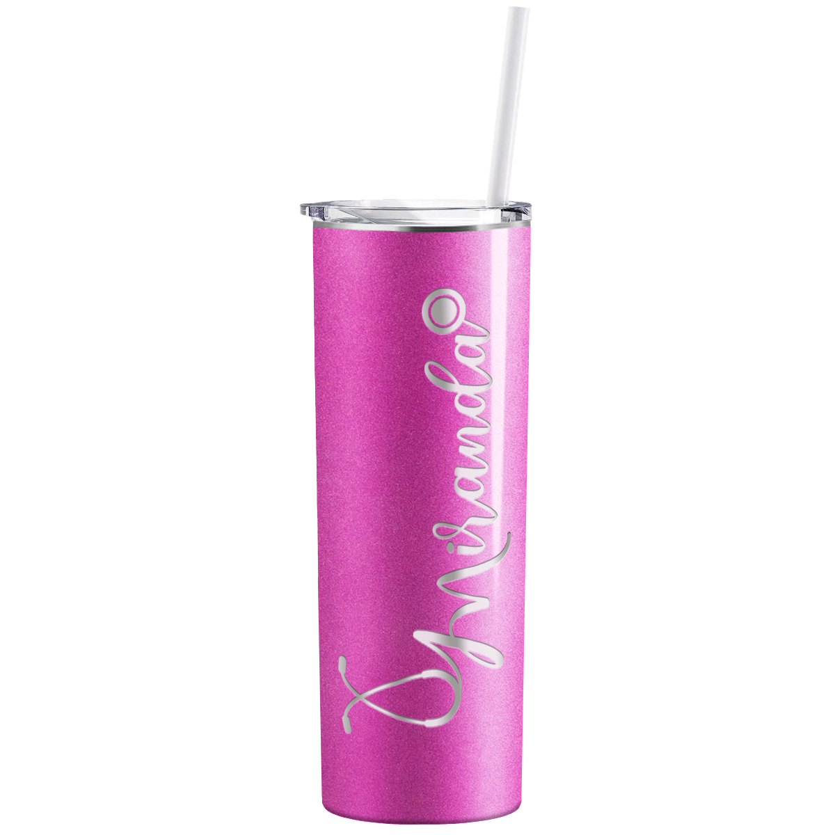 Personalized Nurse Laser Engraved 20oz Skinny Tumbler - Hot Pink Glitter