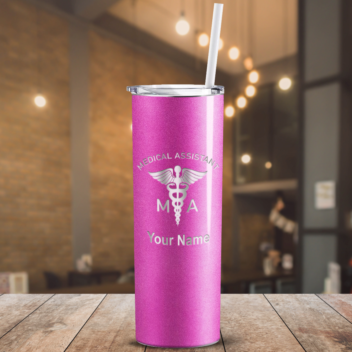 Personalized Nurse Laser Engraved 20oz Skinny Tumbler - Hot Pink Glitter