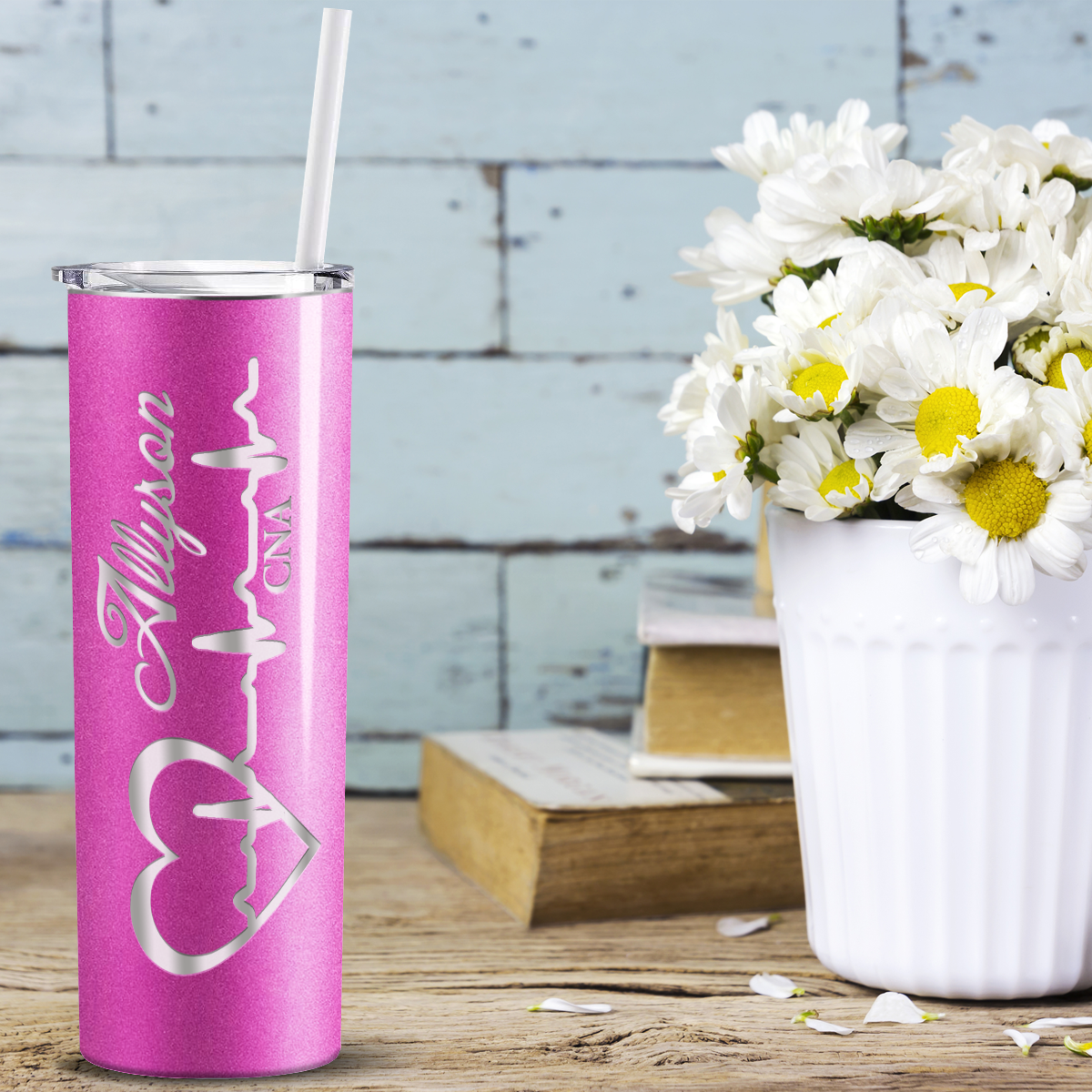 Personalized Nurse Laser Engraved 20oz Skinny Tumbler - Hot Pink Glitter