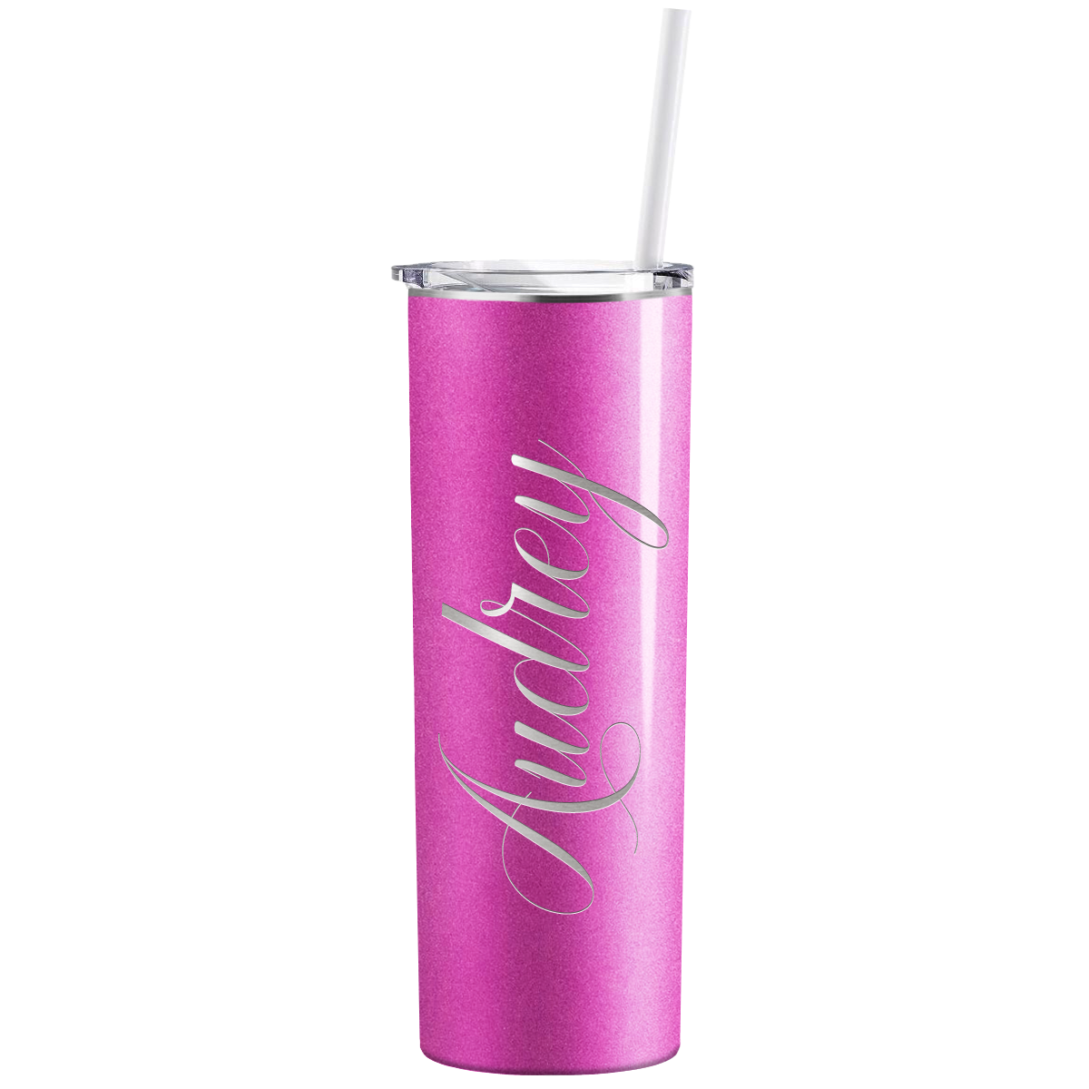 Personalized Engraved 20 oz Skinny 20oz Tumbler - Hot Pink Glitter