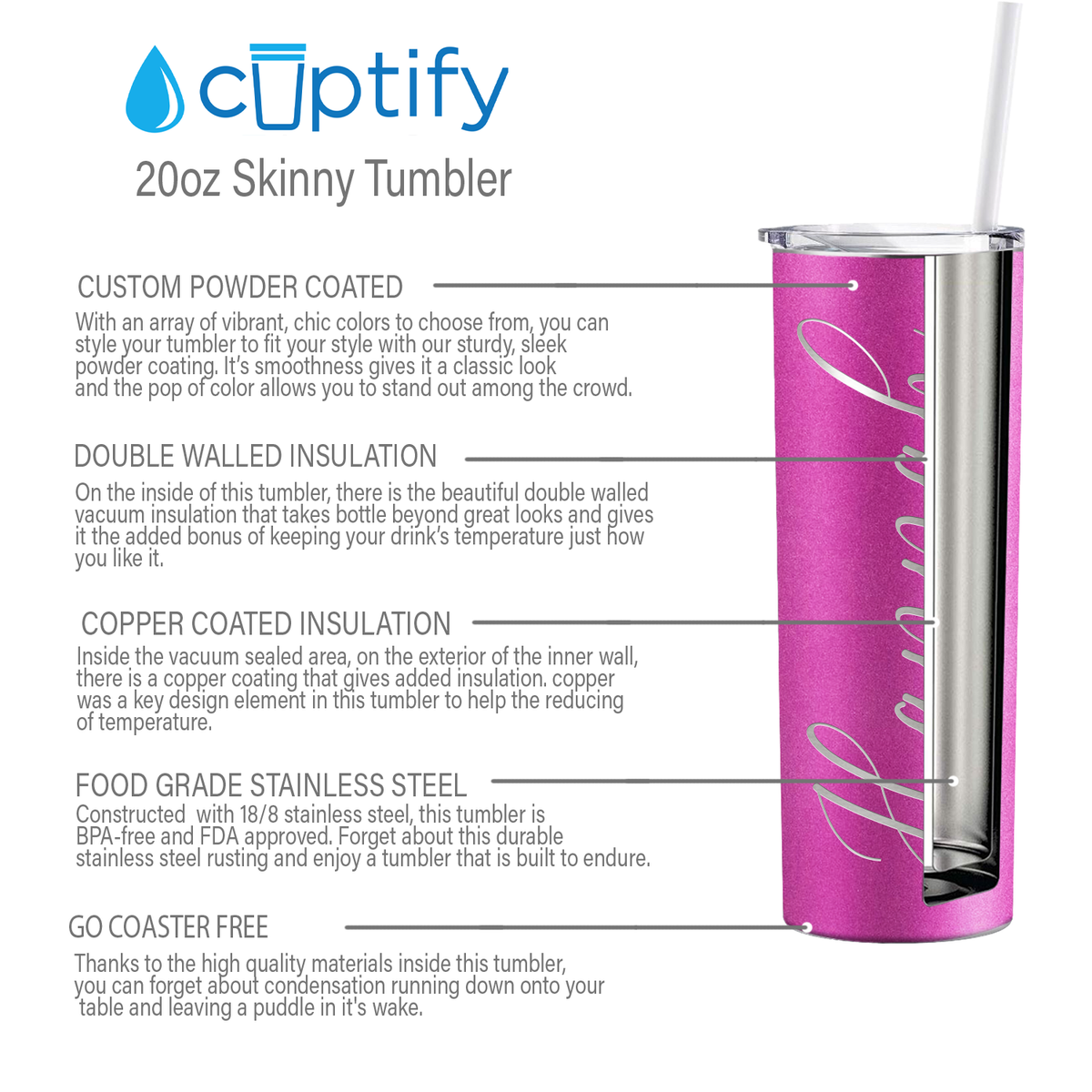 Personalized Engraved 20 oz Skinny 20oz Tumbler - Hot Pink Glitter