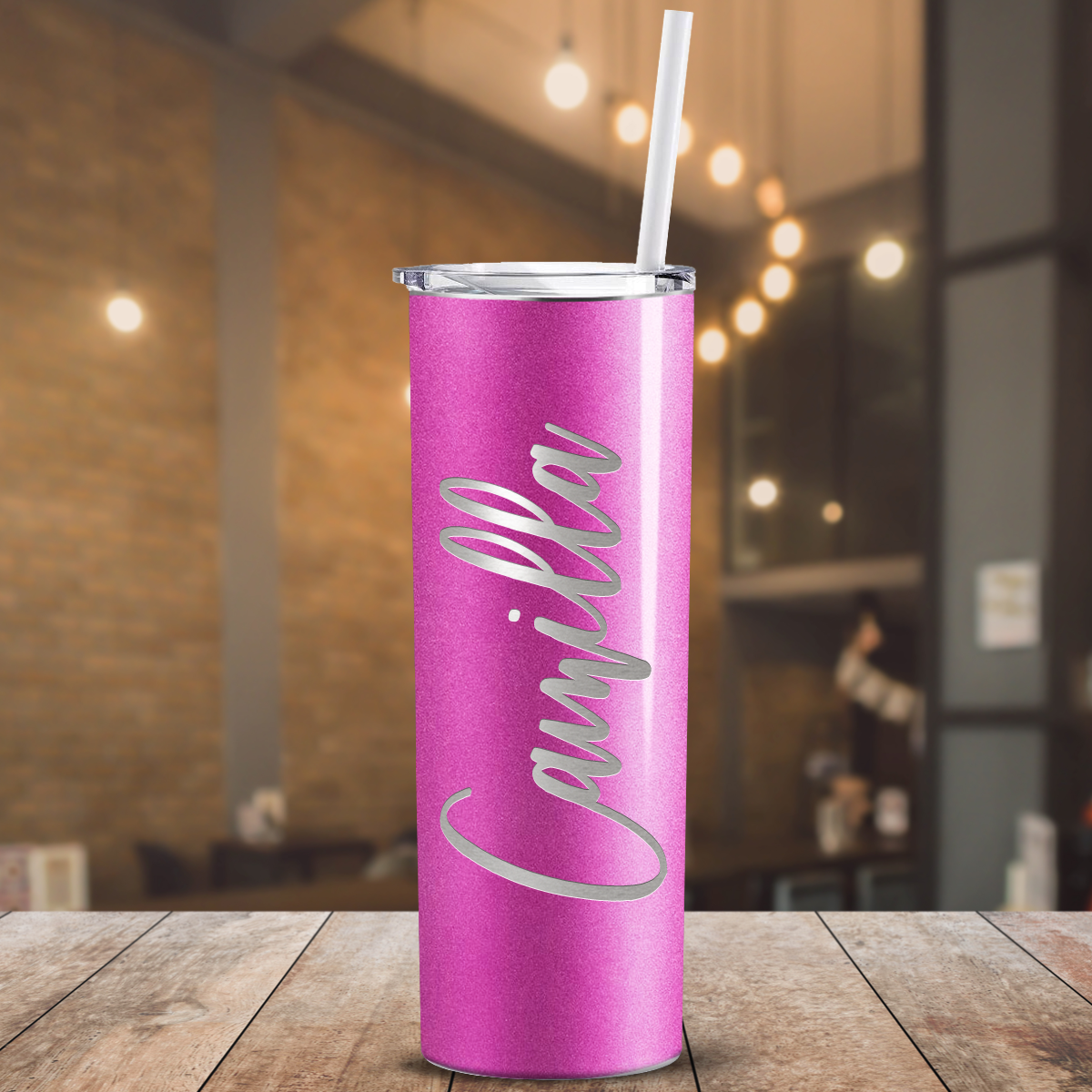 Personalized Engraved 20 oz Skinny 20oz Tumbler - Hot Pink Glitter