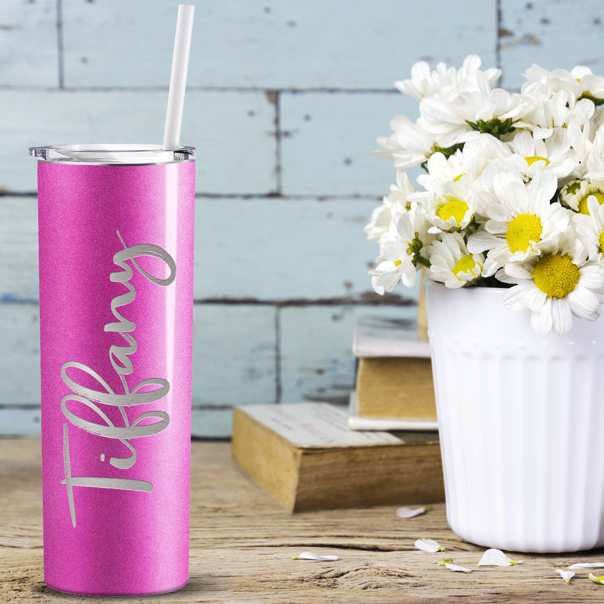 Personalized Engraved 20 oz Skinny 20oz Tumbler - Hot Pink Glitter